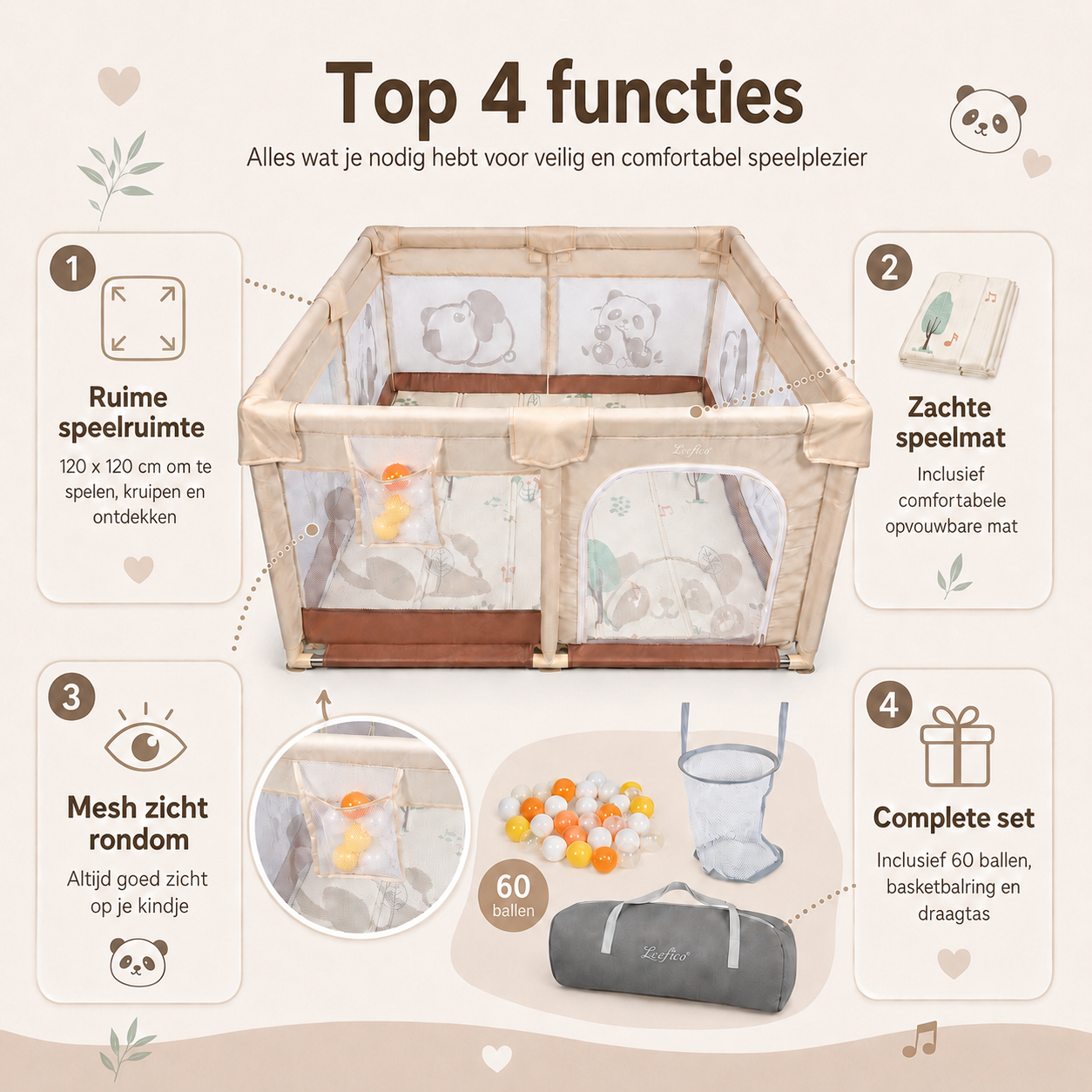 Grondbox-babypark Panda Dessin - Beige- Speelbox - Kinderbox - Playpen Kruipbox