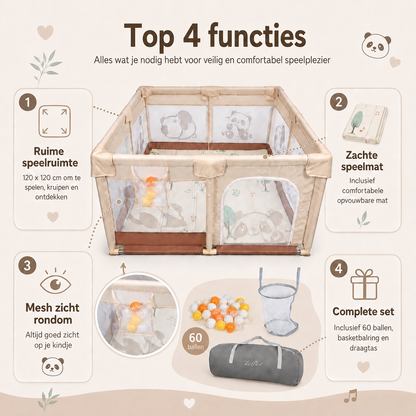 Grondbox-babypark Panda Dessin - Beige- Speelbox - Kinderbox - Playpen Kruipbox