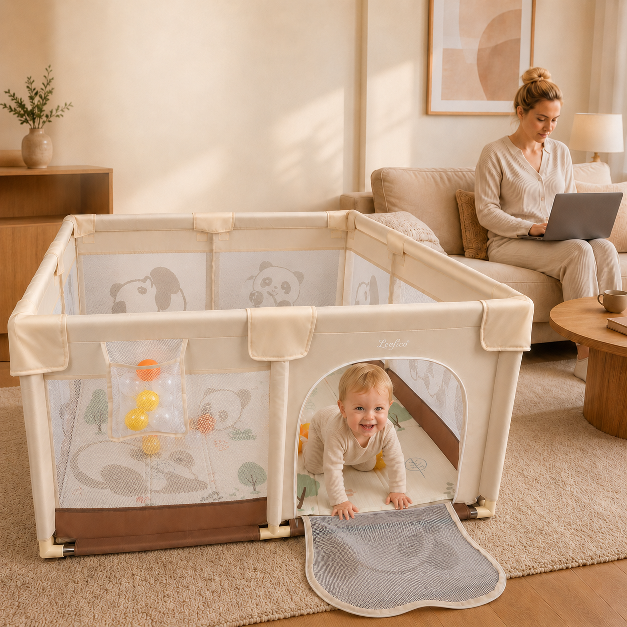 Grondbox-babypark Panda Dessin - Beige- Speelbox - Kinderbox - Playpen Kruipbox