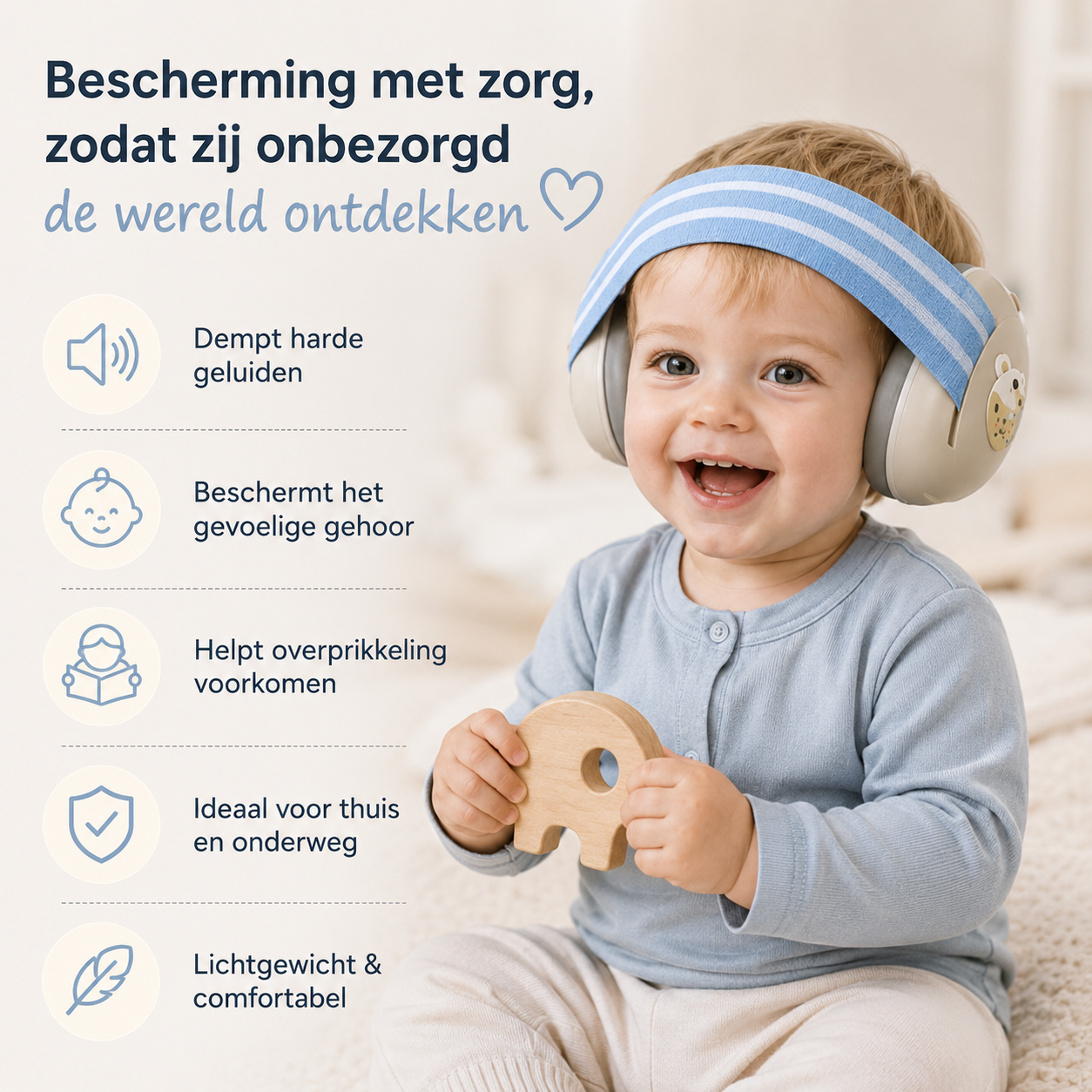 Leefico oorbeschermers 3 hoofdbanden beige roze blauw — 4-in-1 set baby en peuter