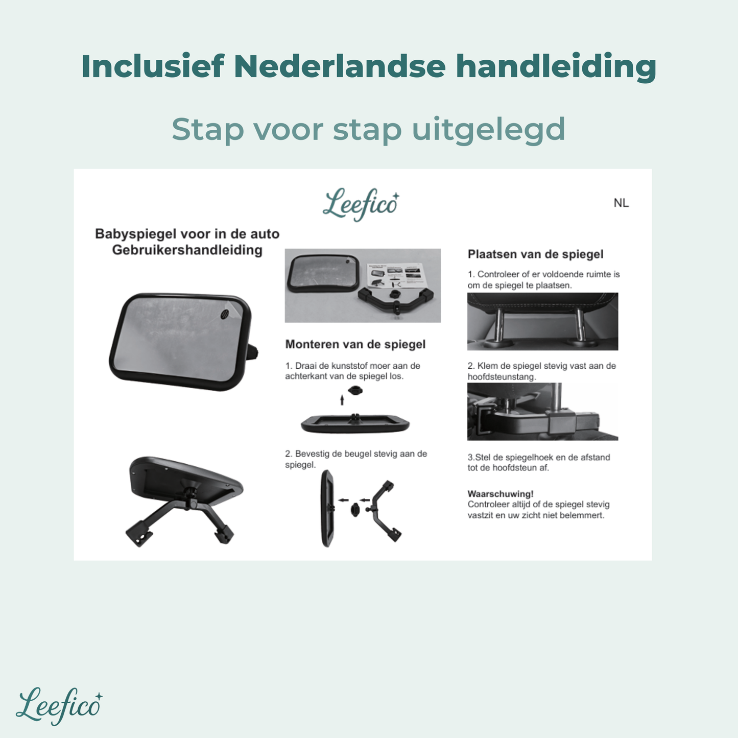 Leefico autospiegel inhoud verpakking — spiegel, houder en Nederlandstalige handleiding
