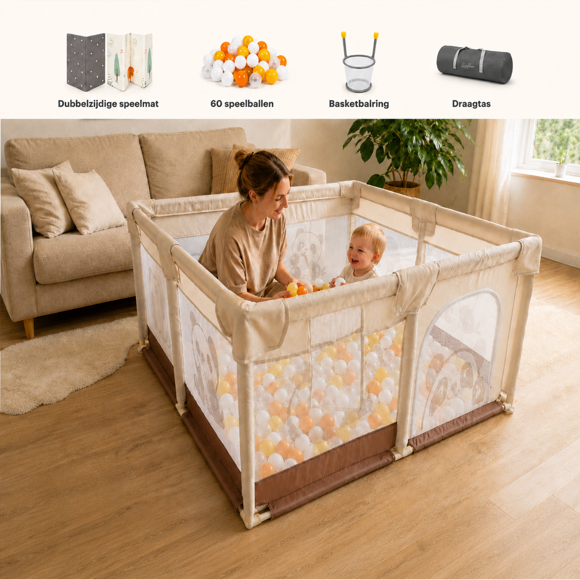 Leefico Grondbox Panda 120x120x65cm — Speelbox voor Baby & Peuter | Inclusief Speelmat & 60 Ballen