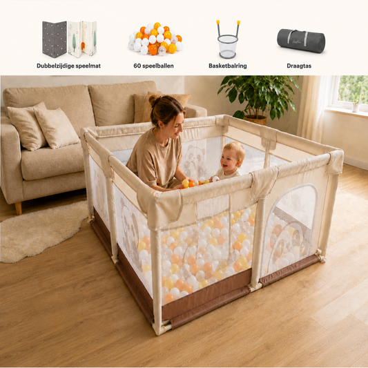 Leefico Grondbox Panda 120x120x65cm — Speelbox voor Baby & Peuter | Inclusief Speelmat & 60 Ballen