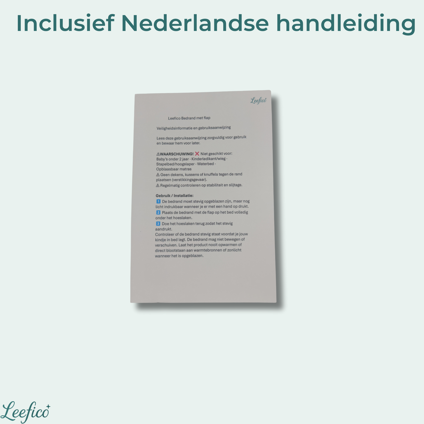 Leefico opblaasbare bedrail wit — inhoud verpakking met opbergzak en handleiding