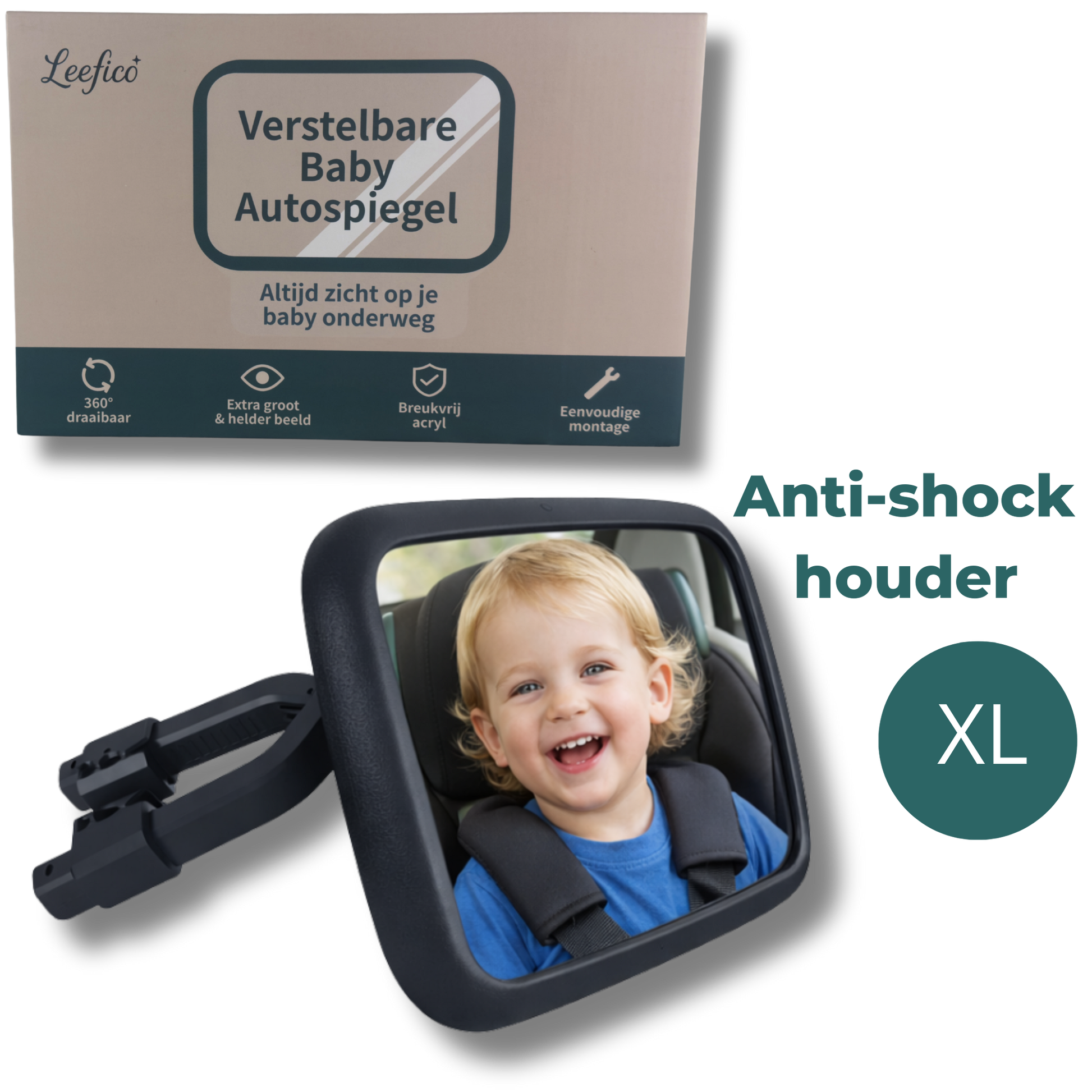 Leefico baby autospiegel XL — 23x15cm achteruitkijkspiegel met anti-schok houder